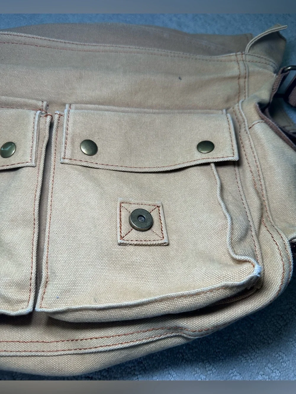Canvas & Leather Messenger Bag Khaki Brown Crossbody Tab Brown Pockets Zip